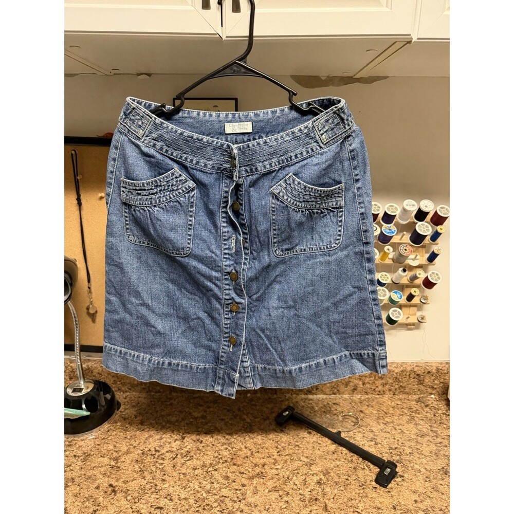 Christopher & Banks Denim A-Line Knee Length Skirt Button Front Blue Size 10